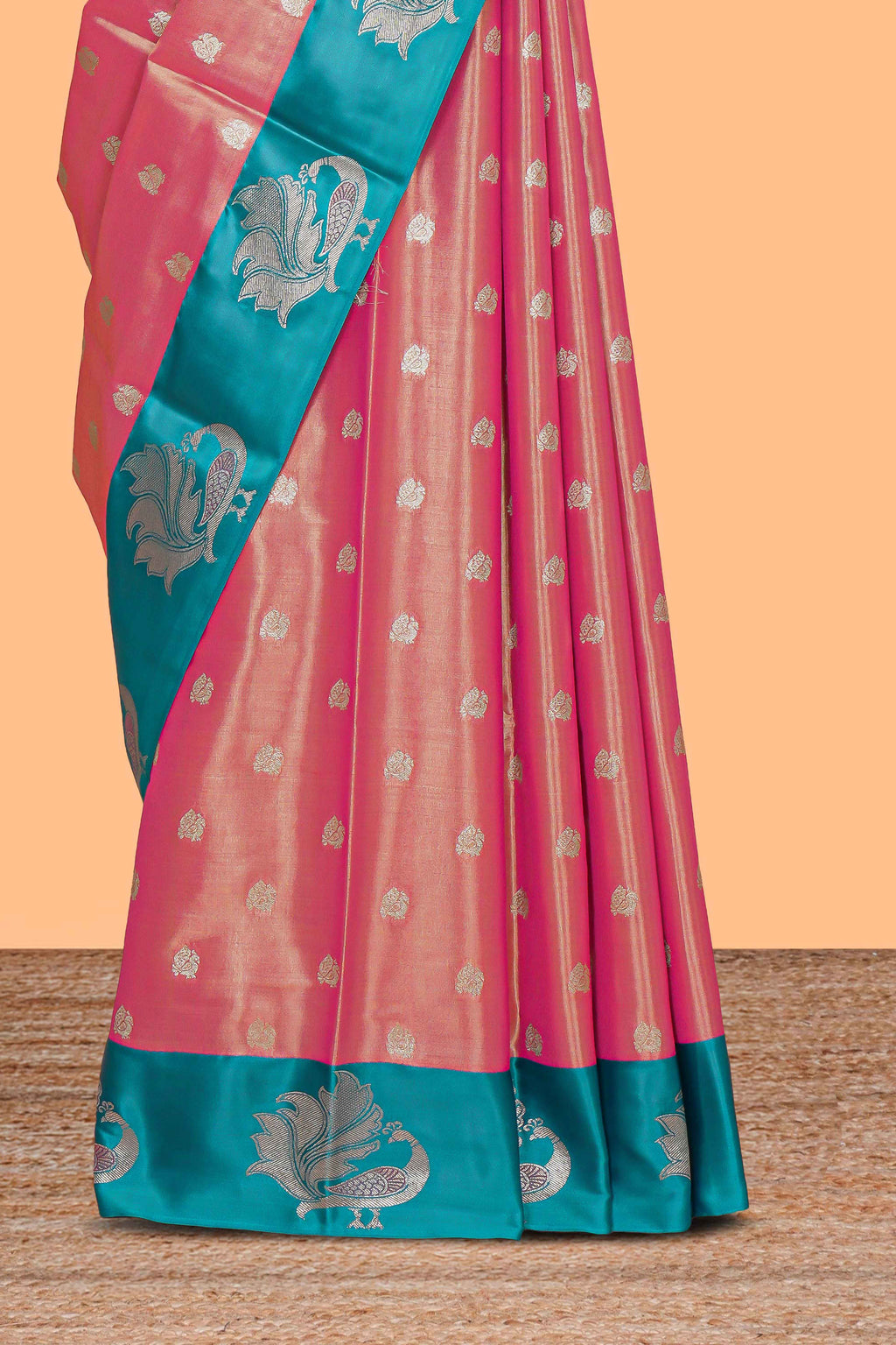 Pink zari motifs design kathan silk saree with contrast borders and motifs blouse