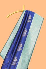 Royal blue zari motifs design kathan silk saree with contrast borders and motifs blouse