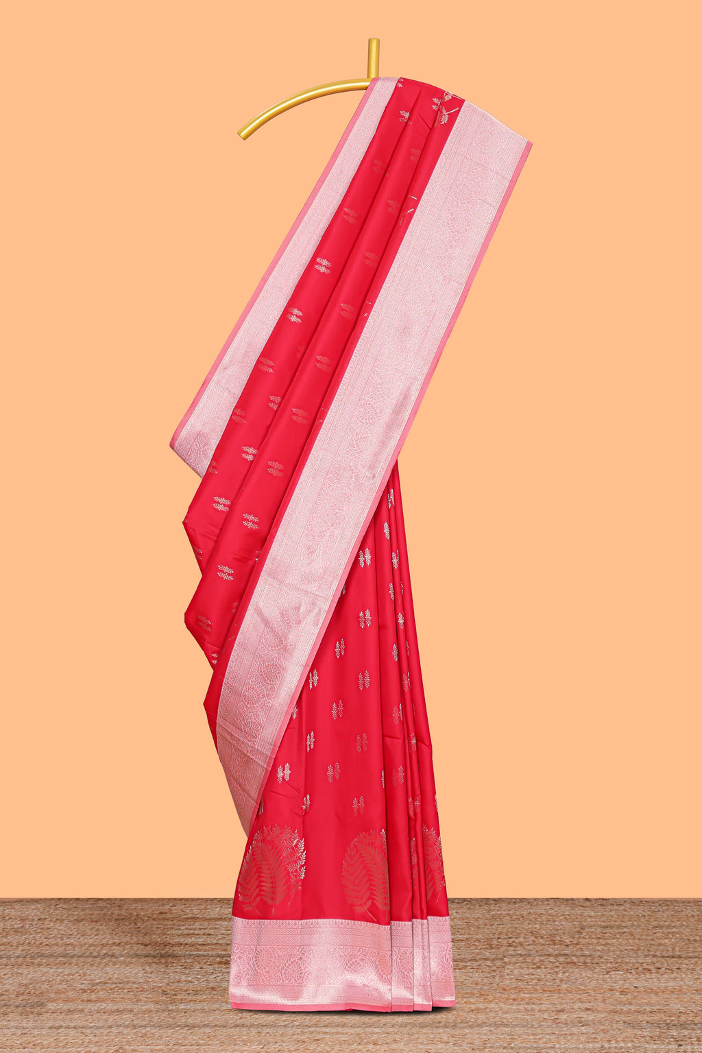 Red zari motifs design kathan silk saree with contrast borders and motifs blouse