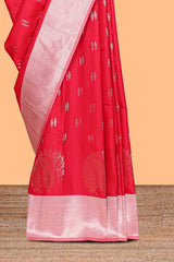 Red zari motifs design kathan silk saree with contrast borders and motifs blouse