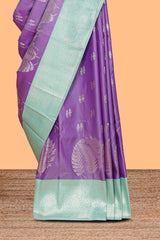 Lavender zari motifs design kathan silk saree with contrast borders and motifs blouse