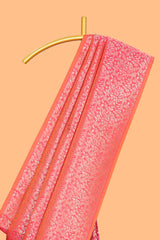 Borderless coral pink floral zari design kathan silk saree with self pallu and motifs blouse