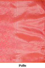 Borderless coral pink floral zari design kathan silk saree with self pallu and motifs blouse