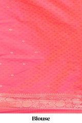 Borderless coral pink floral zari design kathan silk saree with self pallu and motifs blouse