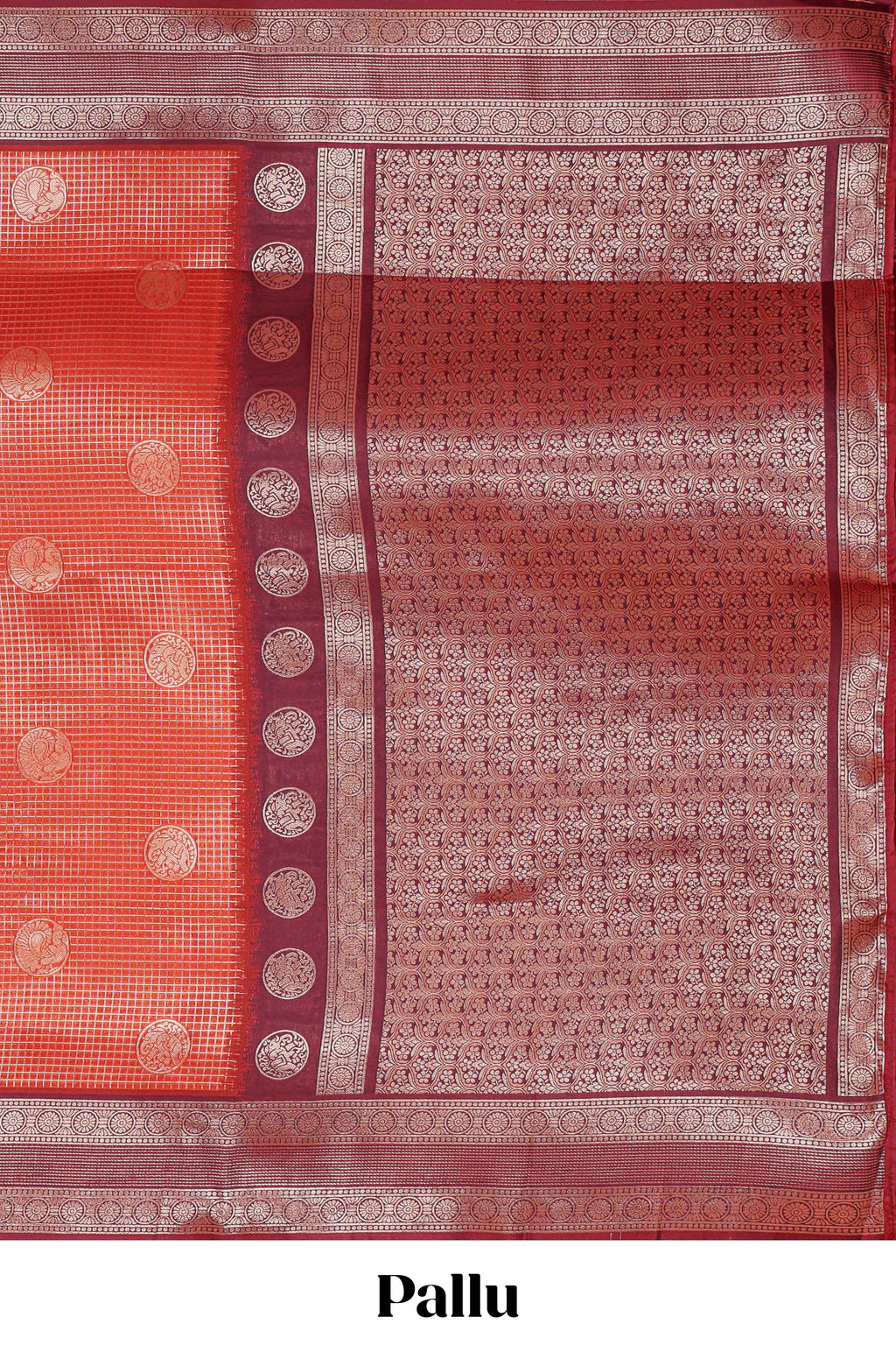 Orange checked motifs zari design kathan silk saree with contrast border and motifs blouse