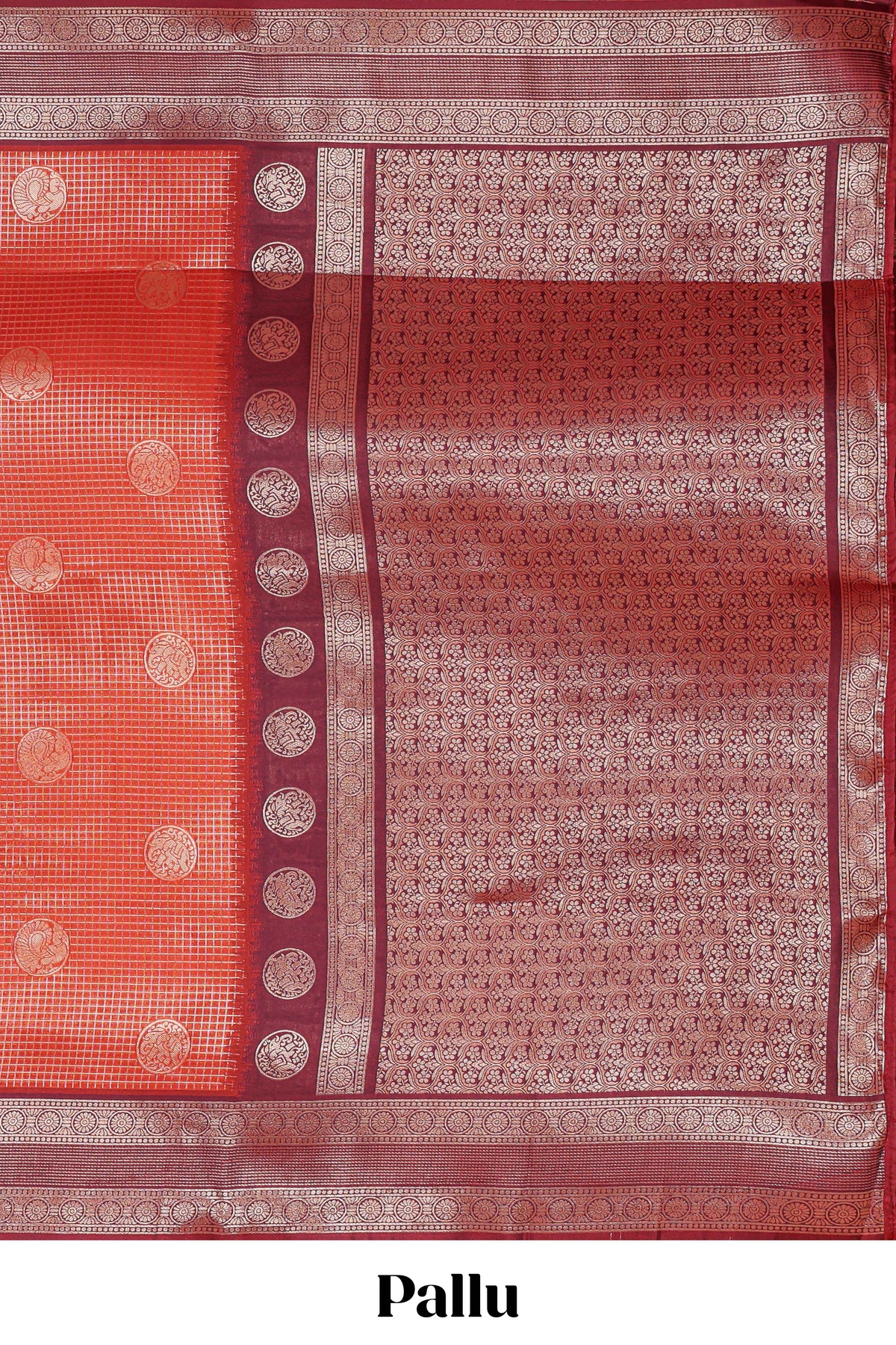 Orange checked motifs zari design kathan silk saree with contrast border and motifs blouse