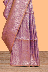 Borderless lavender floral zari design kathan silk saree with self pallu and motifs blouse