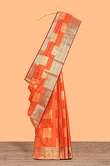 Orange geometric zari design kathan silk saree with self zari border and matching blouse