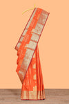 Orange geometric zari motifs design kathan silk saree with self zari border and matching blouse