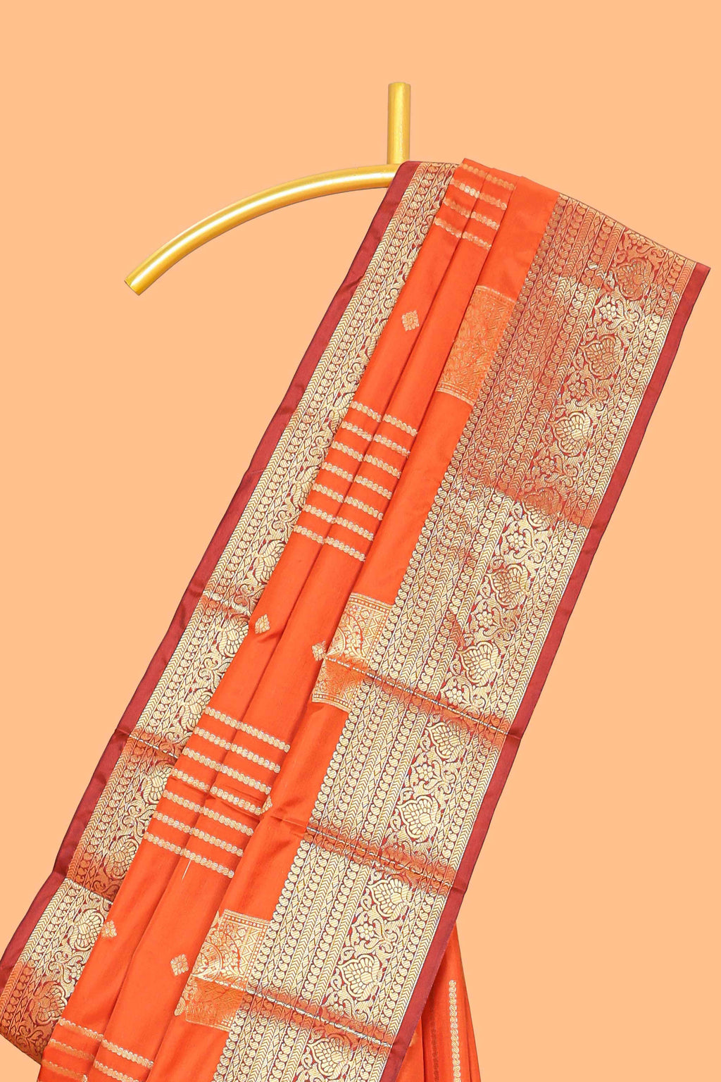 Orange geometric zari motifs design kathan silk saree with self zari border and matching blouse