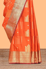 Orange geometric zari motifs design kathan silk saree with self zari border and matching blouse