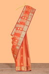 Orange striped zari motifs design kathan silk saree with self zari border and matching zari blouse
