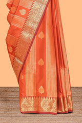 Orange striped zari motifs design kathan silk saree with self zari border and matching zari blouse