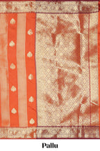 Orange striped zari motifs design kathan silk saree with self zari border and matching zari blouse