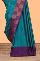 Midnight green zari motifs design kathan silk saree with contrast border and zari checked pallu