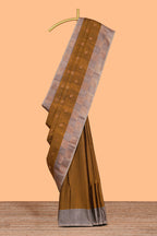 Deep mustard zari motifs design kathan silk saree with contrast border and zari checked pallu