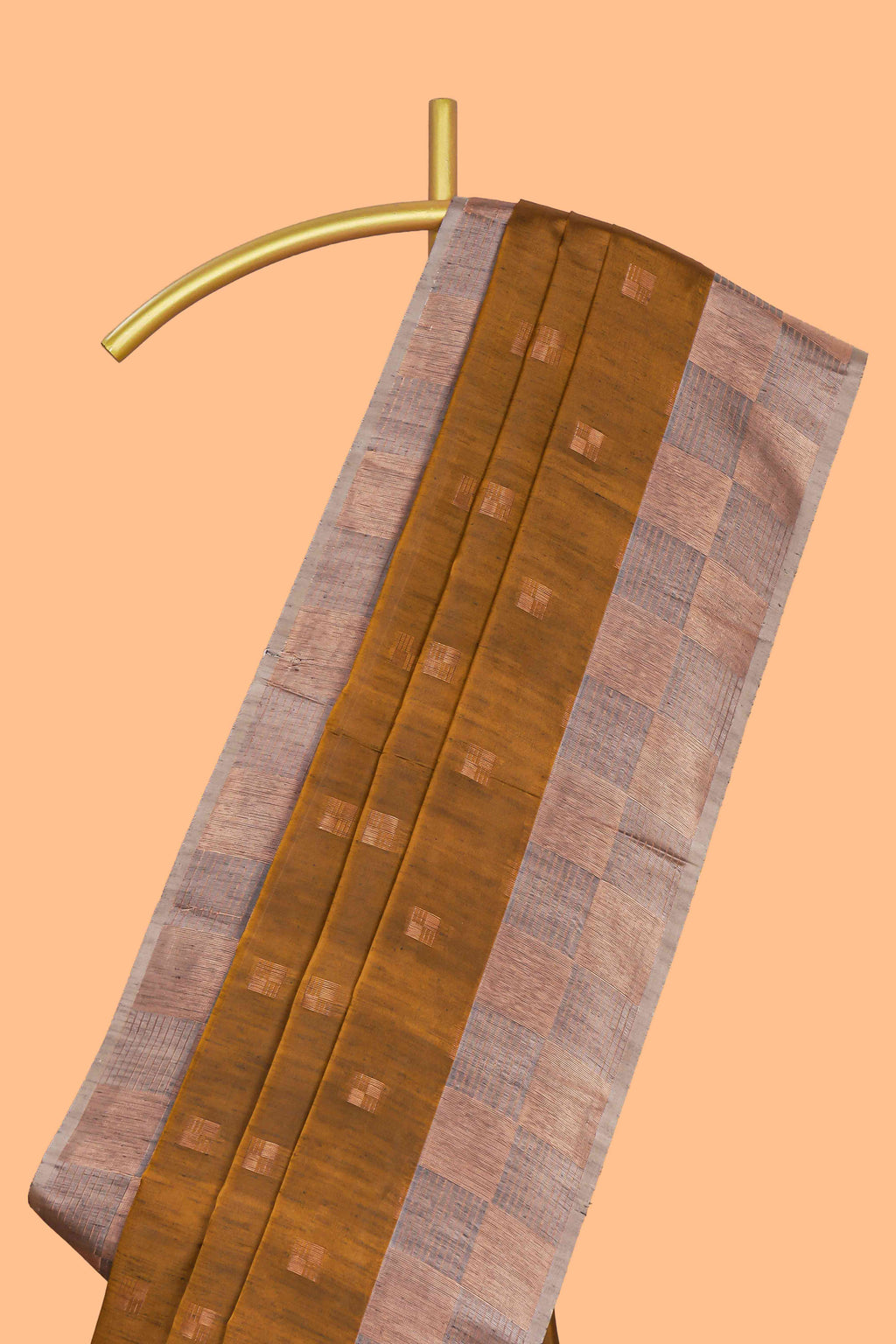 Deep mustard zari motifs design kathan silk saree with contrast border and zari checked pallu