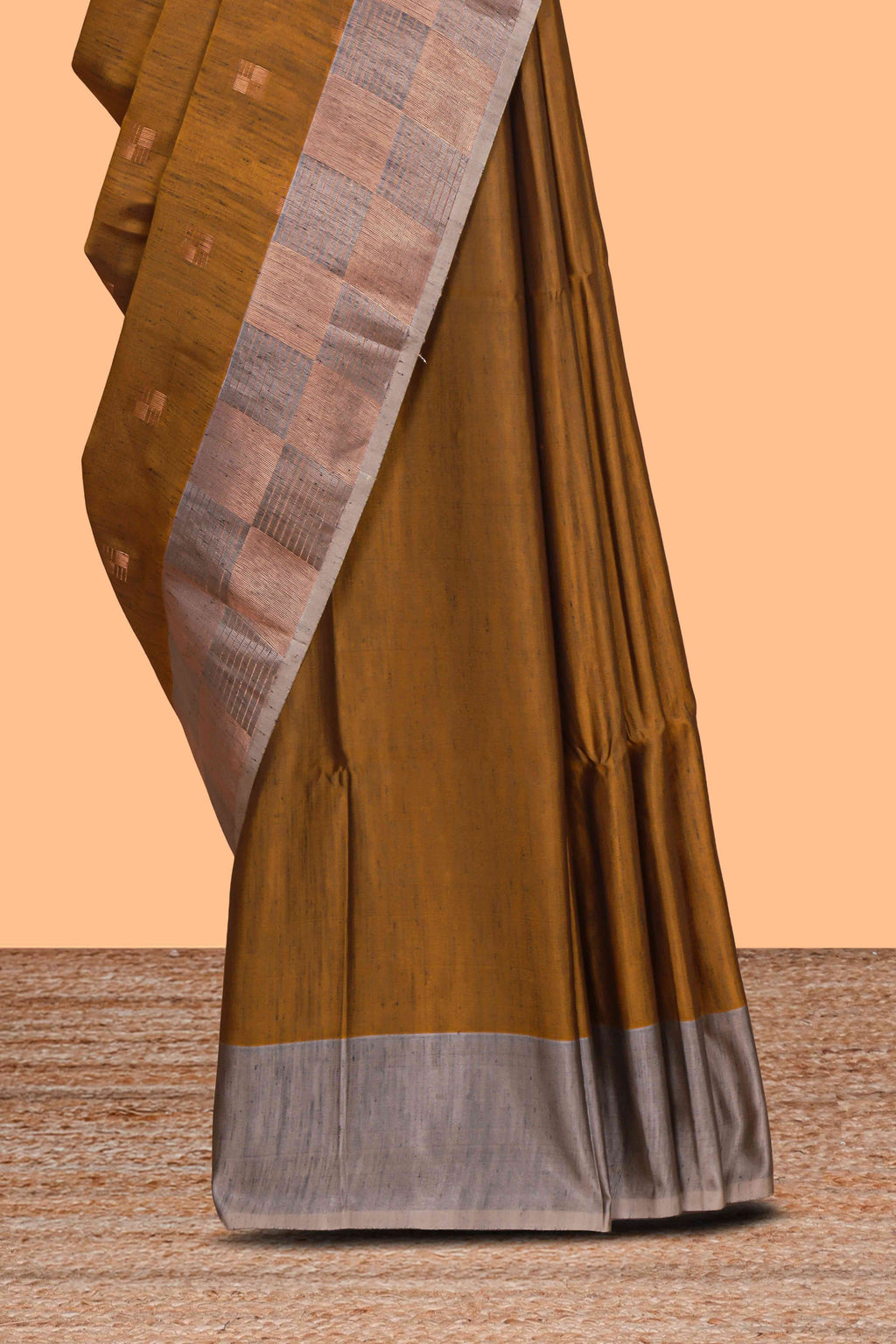 Deep mustard zari motifs design kathan silk saree with contrast border and zari checked pallu