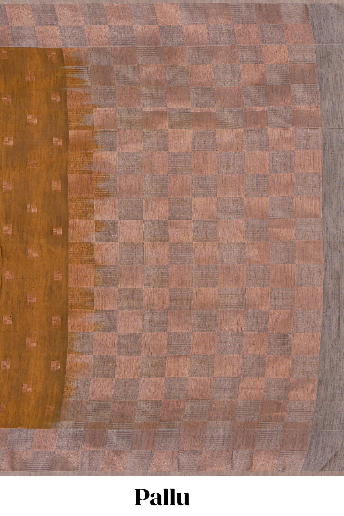Deep mustard zari motifs design kathan silk saree with contrast border and zari checked pallu