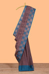 Dark mauve zari motifs design kathan silk saree with contrast border and zari checked pallu