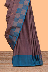 Dark mauve zari motifs design kathan silk saree with contrast border and zari checked pallu
