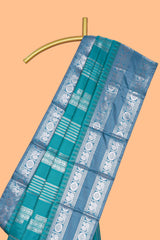 Teal blue geometric zari motifs design kathan silk saree with contrast border and matching blouse