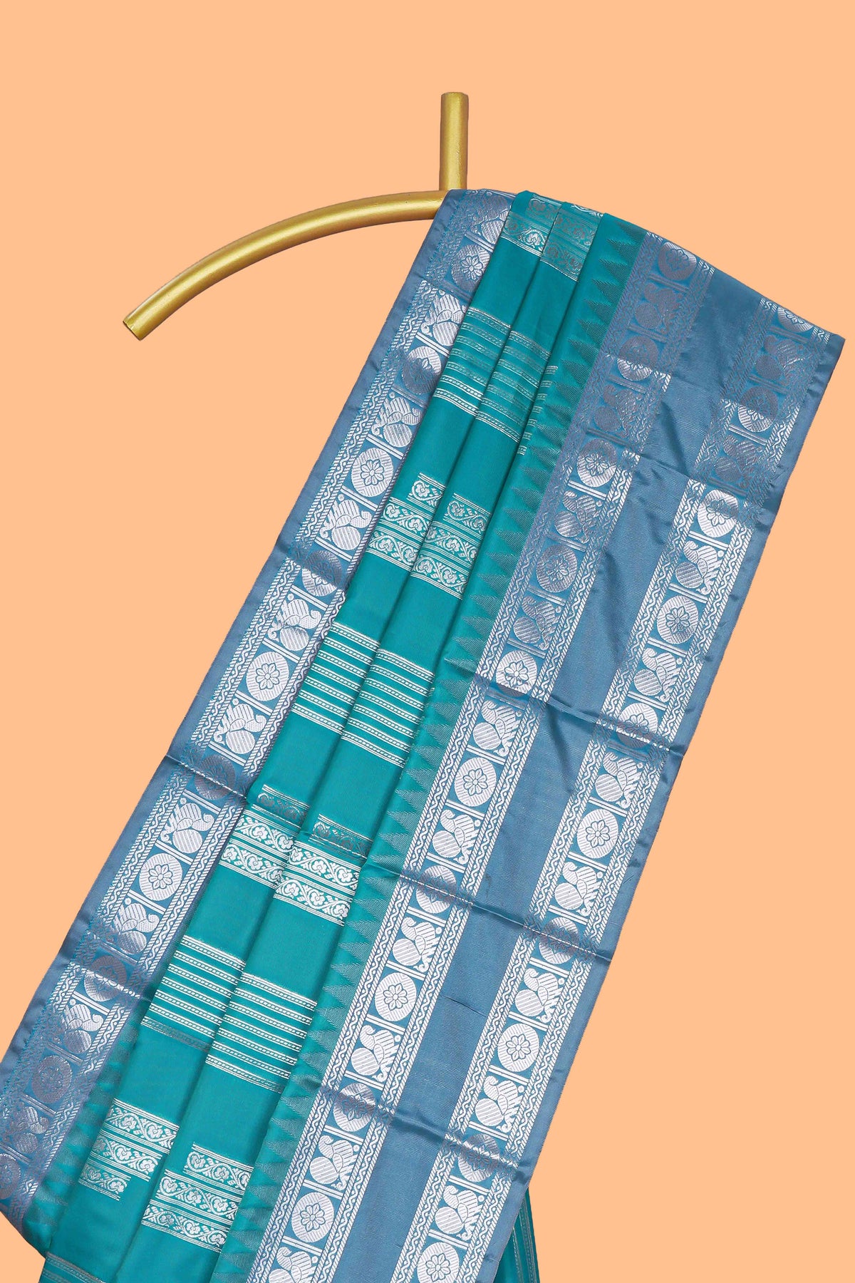 Teal blue geometric zari motifs design kathan silk saree with contrast border and matching blouse