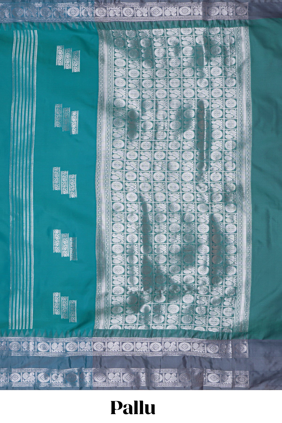 Teal blue geometric zari motifs design kathan silk saree with contrast border and matching blouse