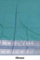 Teal blue geometric zari motifs design kathan silk saree with contrast border and matching blouse