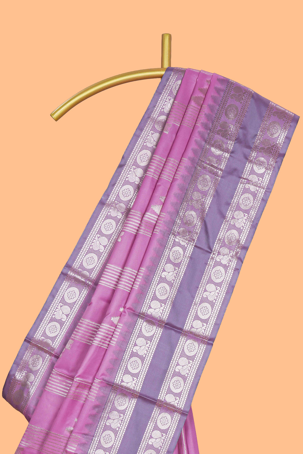 Pink geometric zari motifs design kathan silk saree with contrast border and matching blouse
