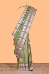 Green geometric zari motifs design kathan silk saree with contrast border and matching blouse