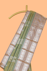 Green geometric zari motifs design kathan silk saree with contrast border and matching blouse