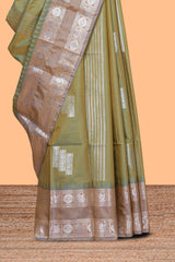 Green geometric zari motifs design kathan silk saree with contrast border and matching blouse