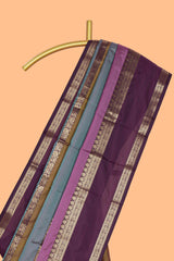 Multi color striped zari design kathan silk saree with self zari border and contrast striped blouse