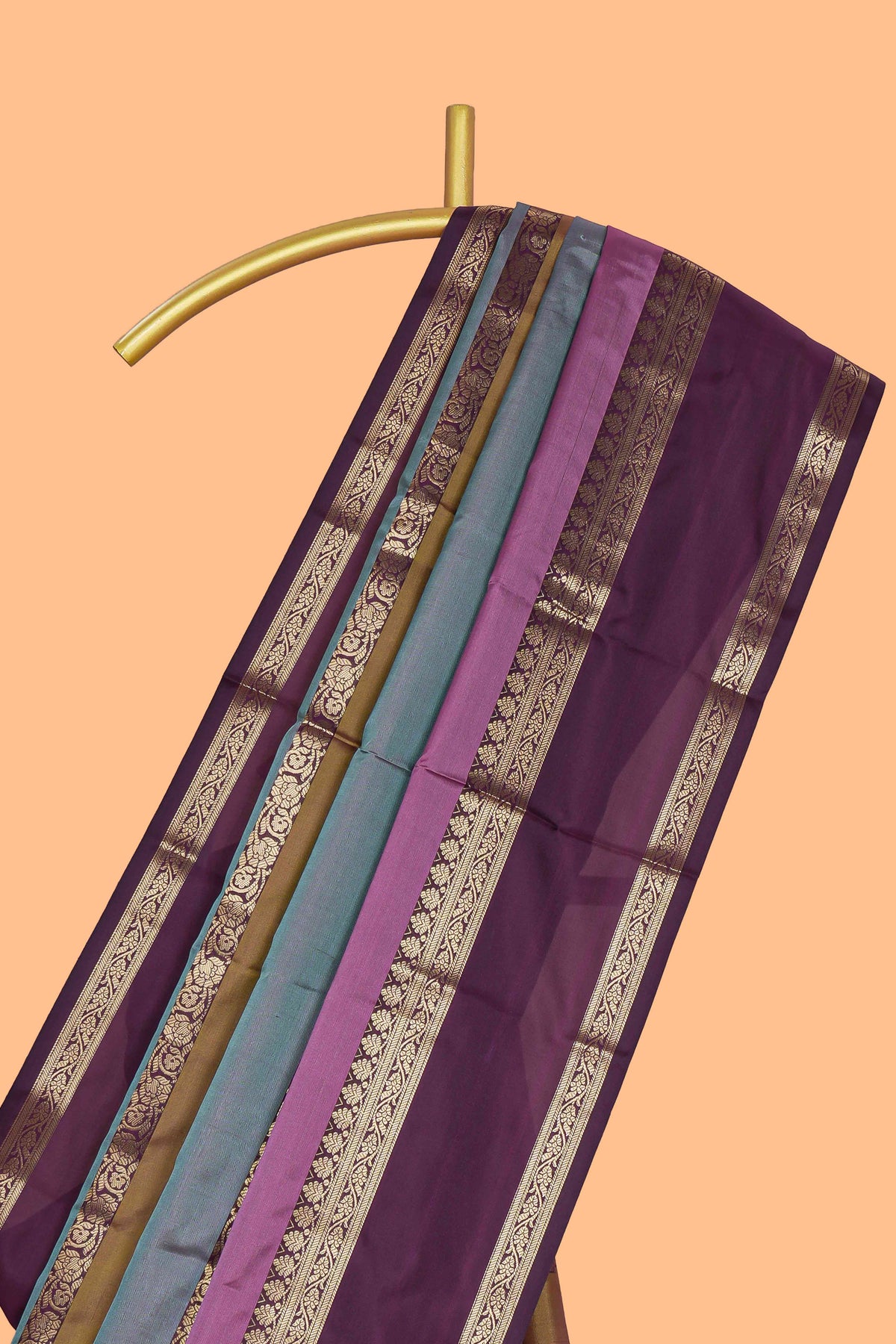 Multi color striped zari design kathan silk saree with self zari border and contrast striped blouse