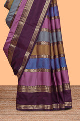 Multi color striped zari design kathan silk saree with self zari border and contrast striped blouse