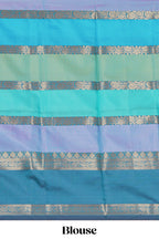 Multi color striped zari design kathan silk saree with self zari border and contrast striped blouse