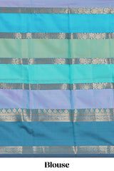 Multi color striped zari design kathan silk saree with self zari border and contrast striped blouse