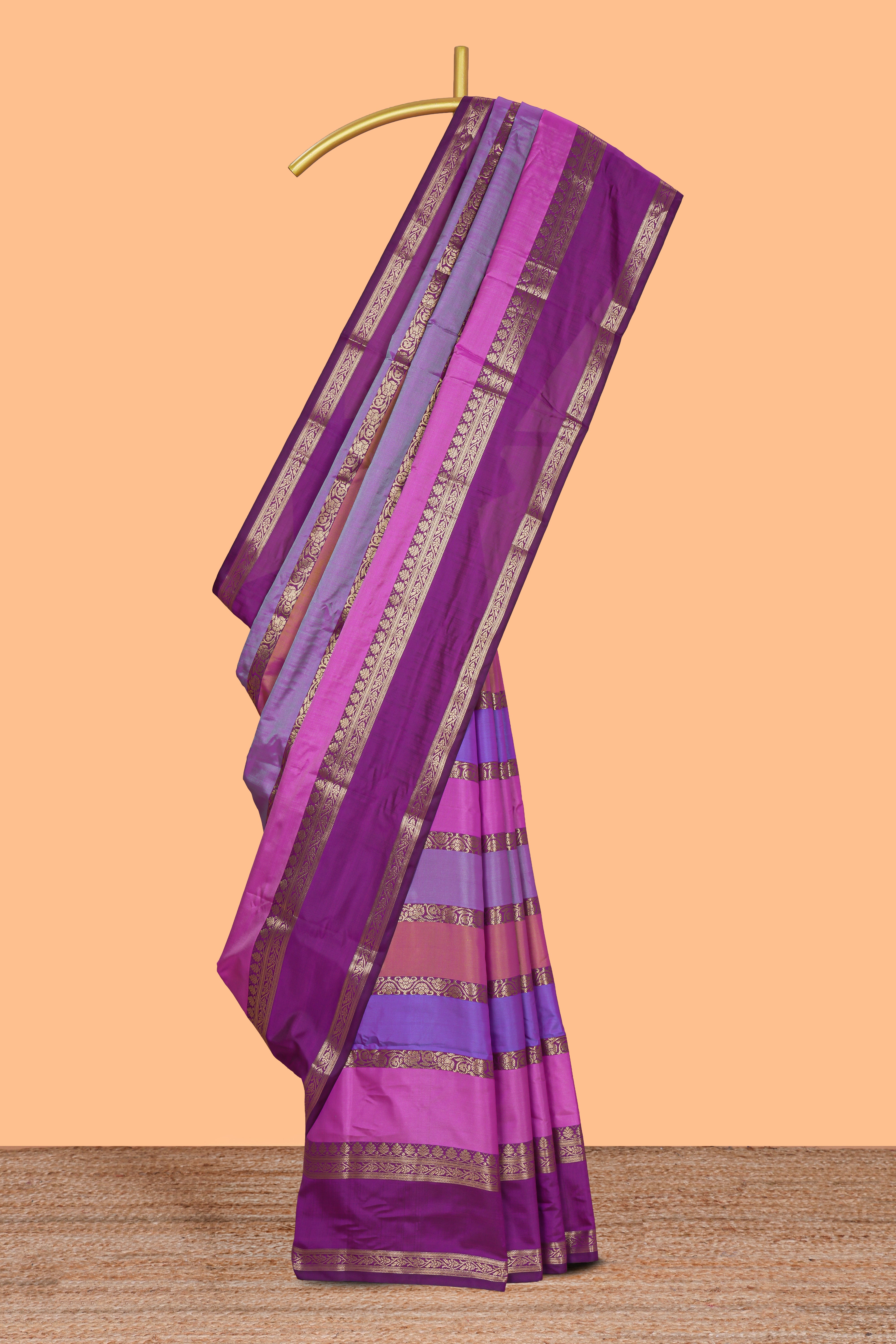 Multi color striped zari design kathan silk saree with self zari border and contrast striped blouse