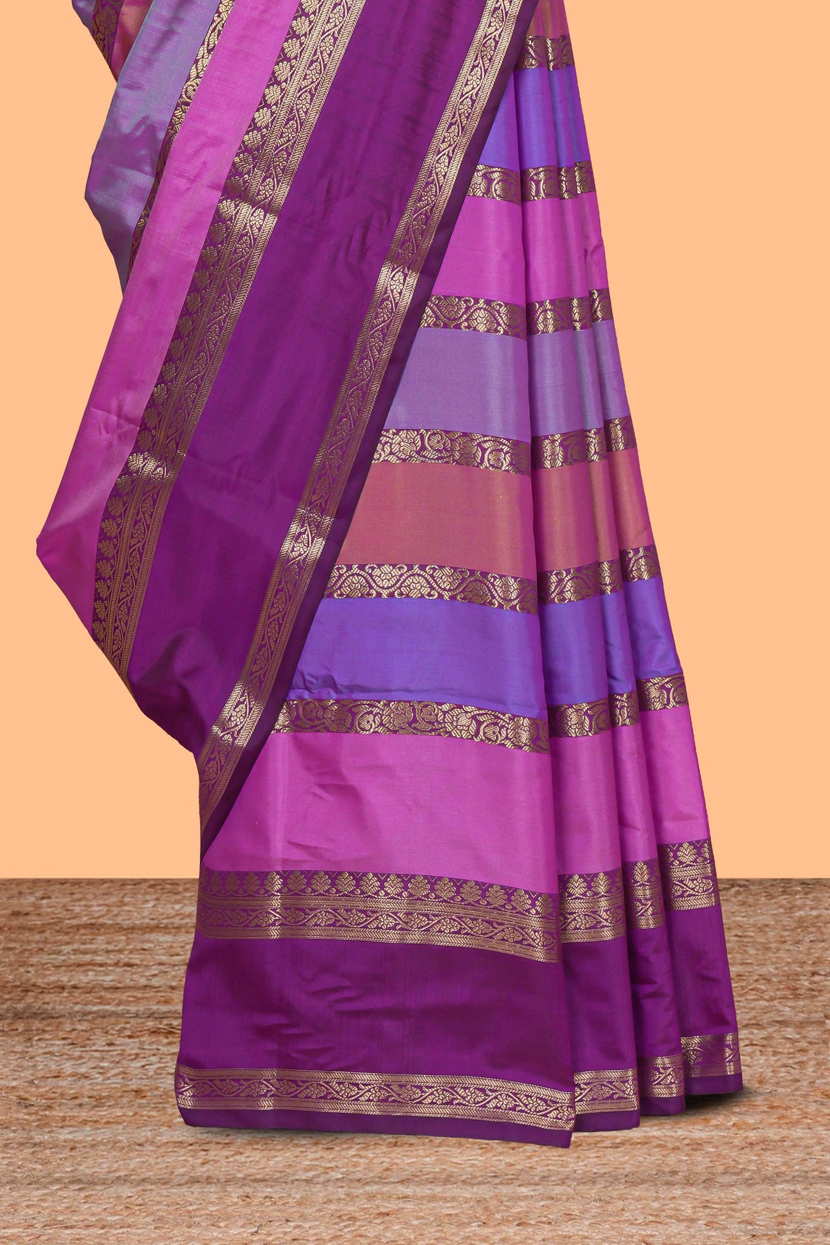 Multi color striped zari design kathan silk saree with self zari border and contrast striped blouse