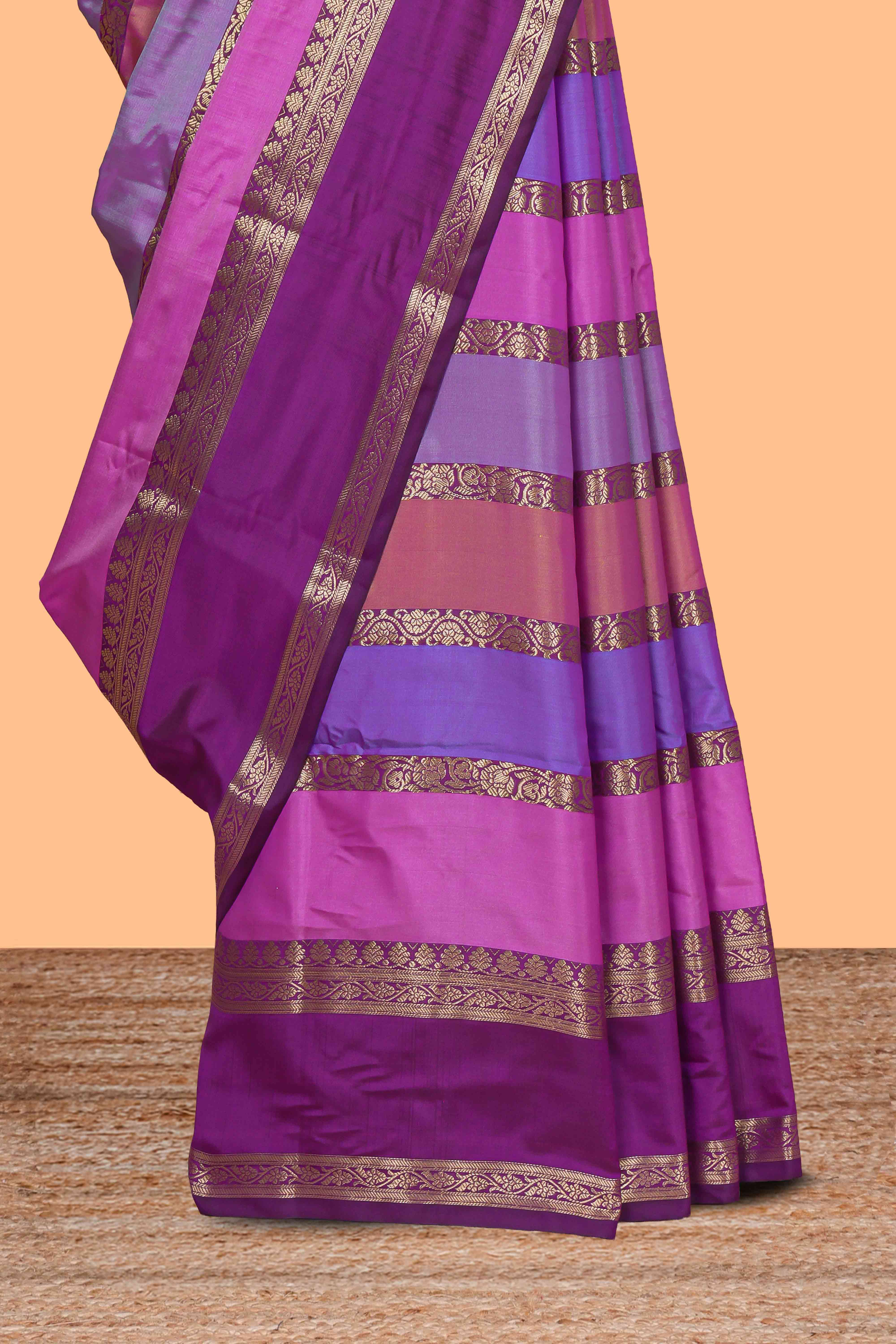 Multi color striped zari design kathan silk saree with self zari border and contrast striped blouse
