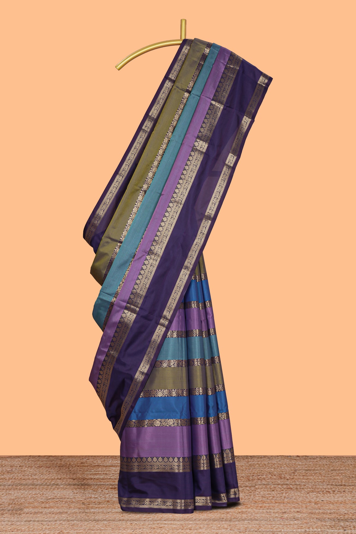 Multi color striped zari design kathan silk saree with self zari border and contrast striped blouse