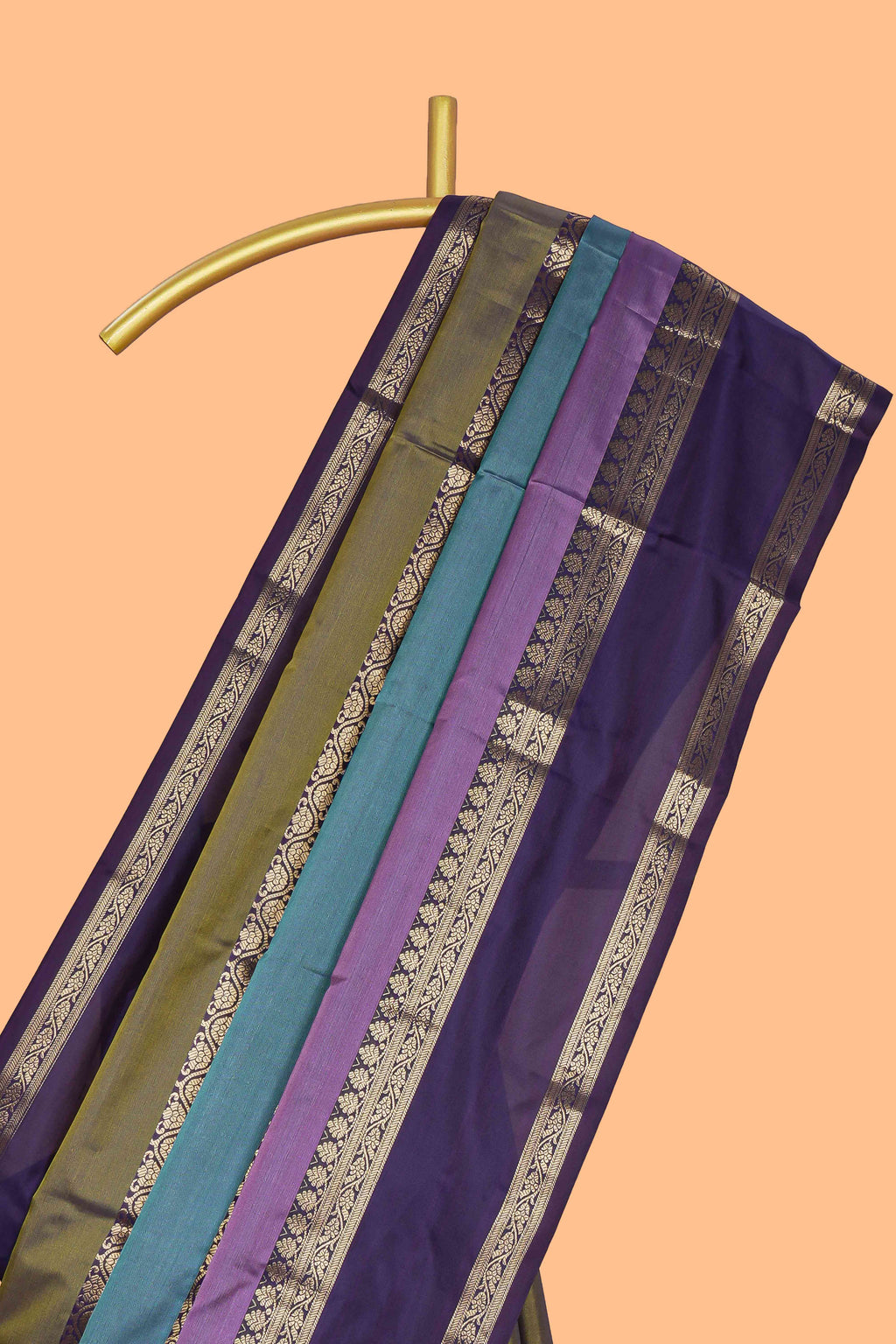 Multi color striped zari design kathan silk saree with self zari border and contrast striped blouse