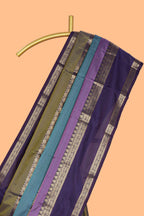Multi color striped zari design kathan silk saree with self zari border and contrast striped blouse