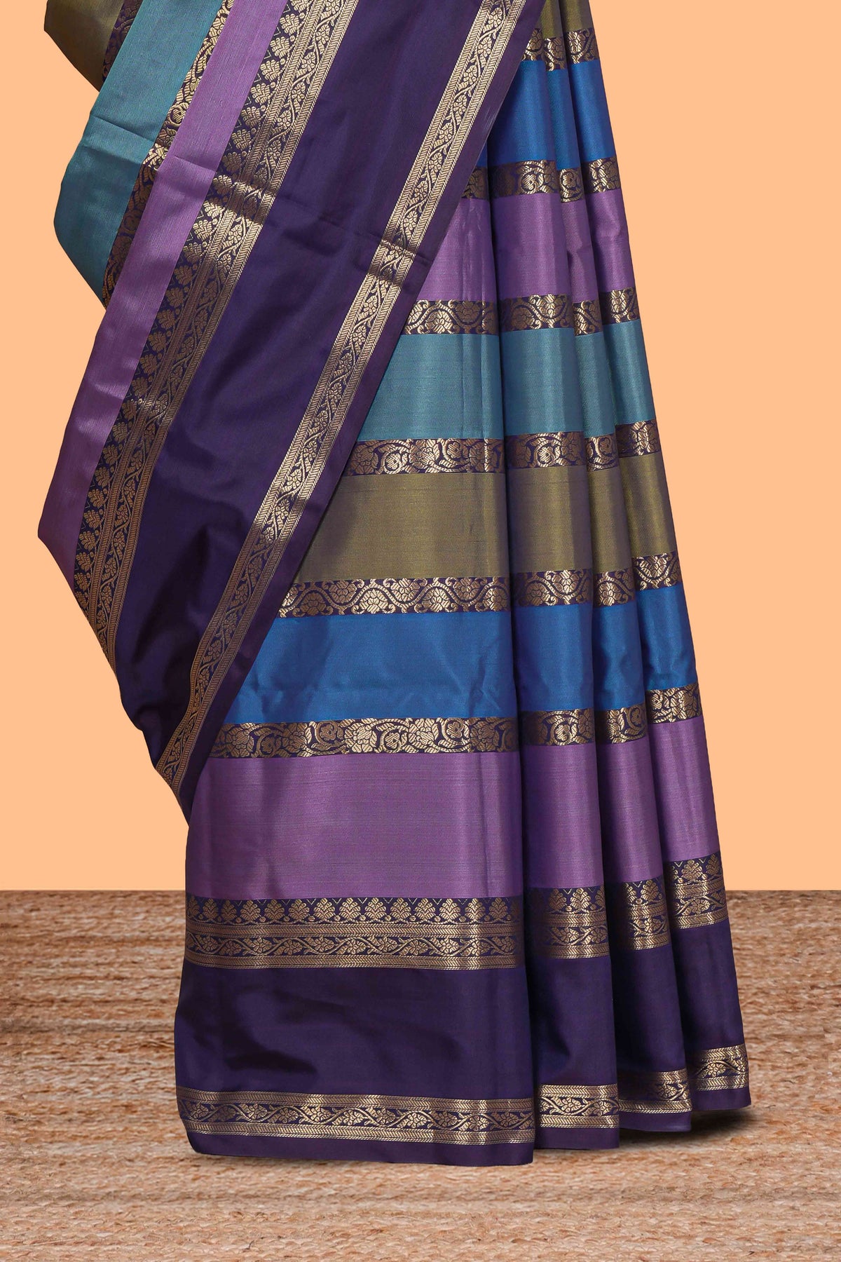 Multi color striped zari design kathan silk saree with self zari border and contrast striped blouse