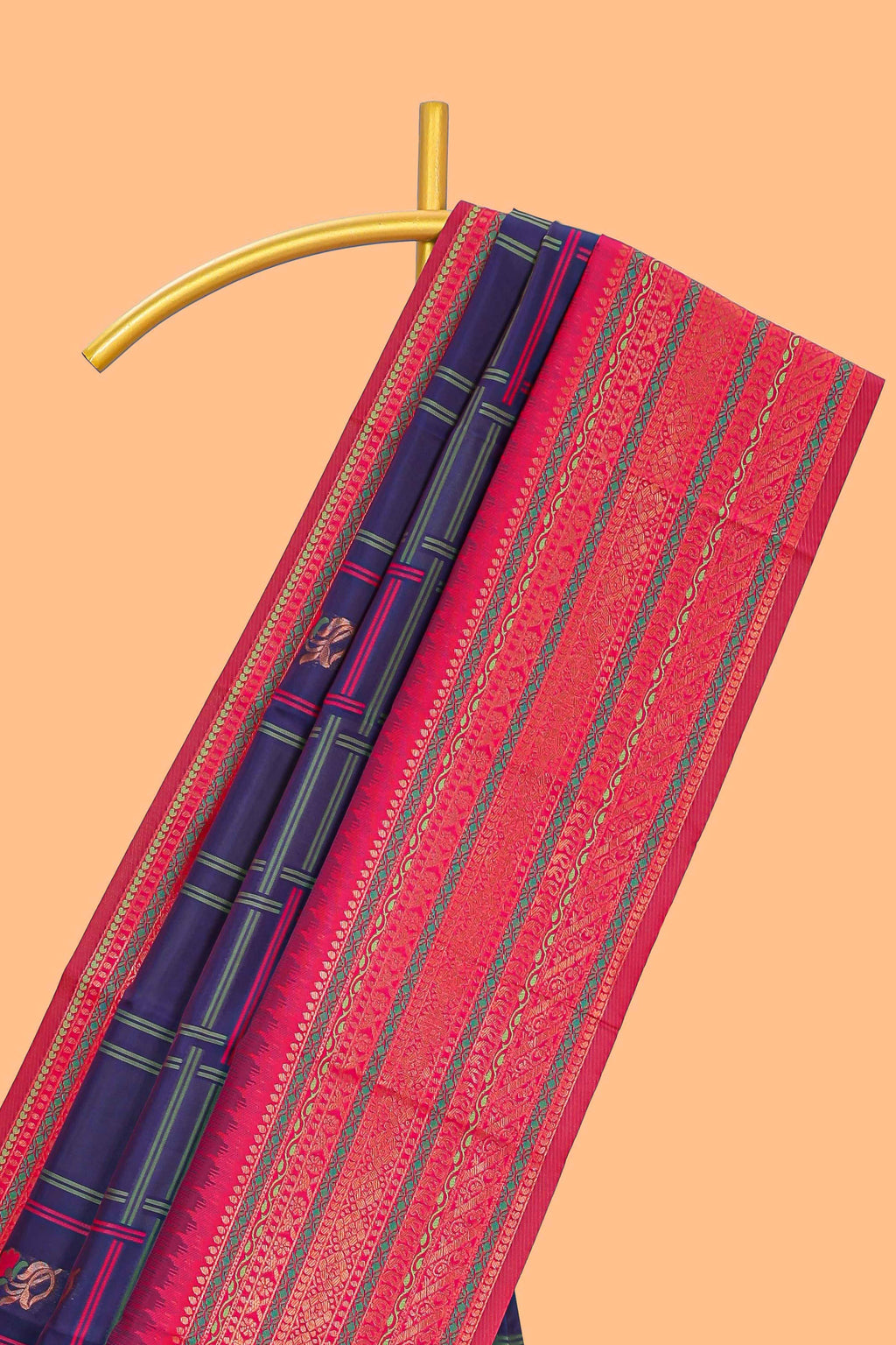 Ink blue checked kathan silk saree with contrast zari border and blouse