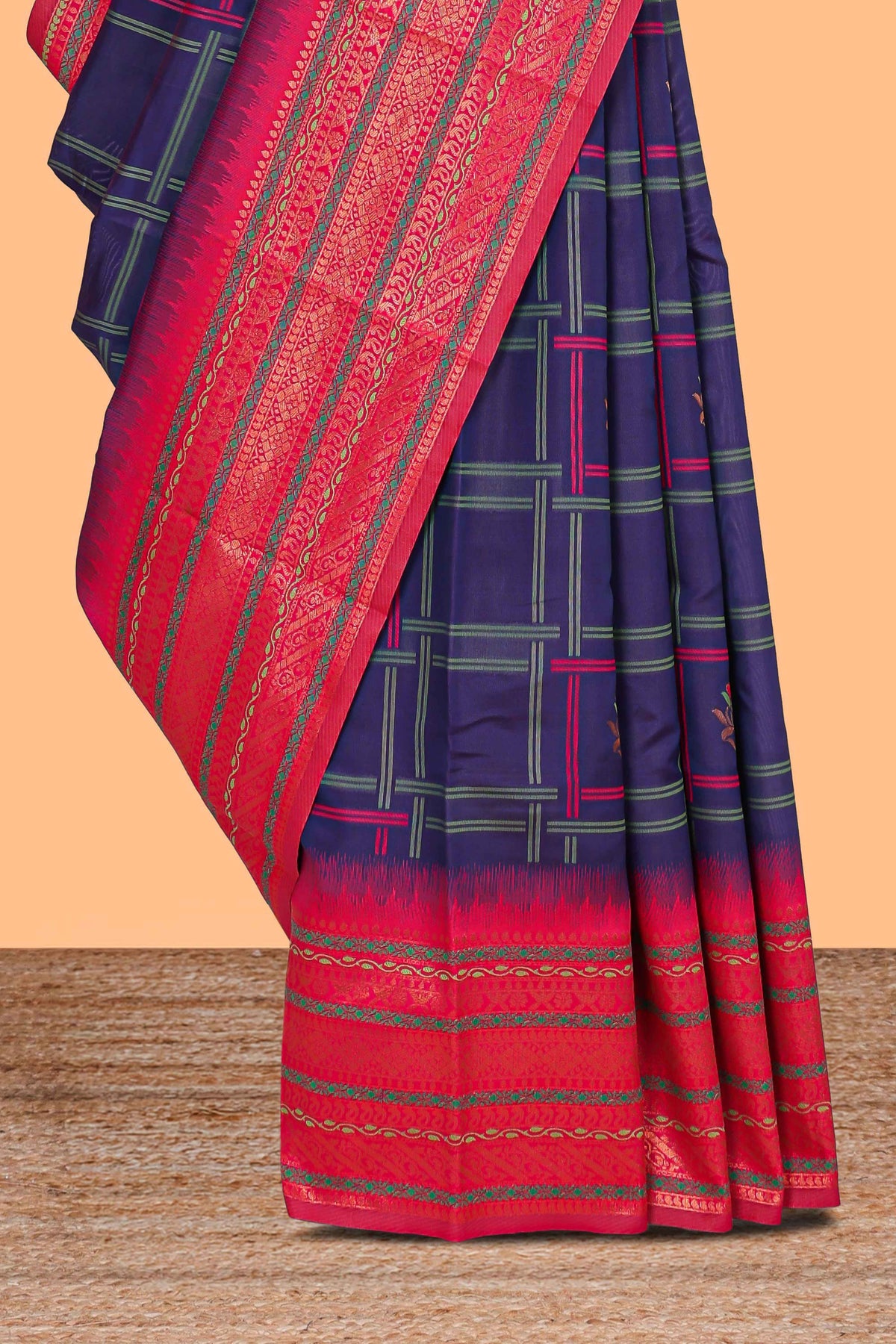 Ink blue checked kathan silk saree with contrast zari border and blouse