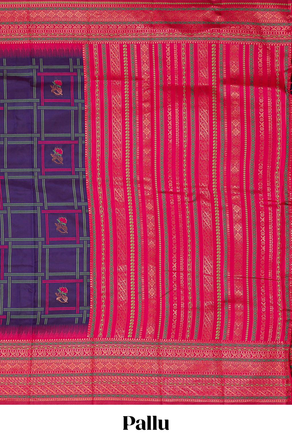 Ink blue checked kathan silk saree with contrast zari border and blouse
