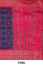 Ink blue checked kathan silk saree with contrast zari border and blouse