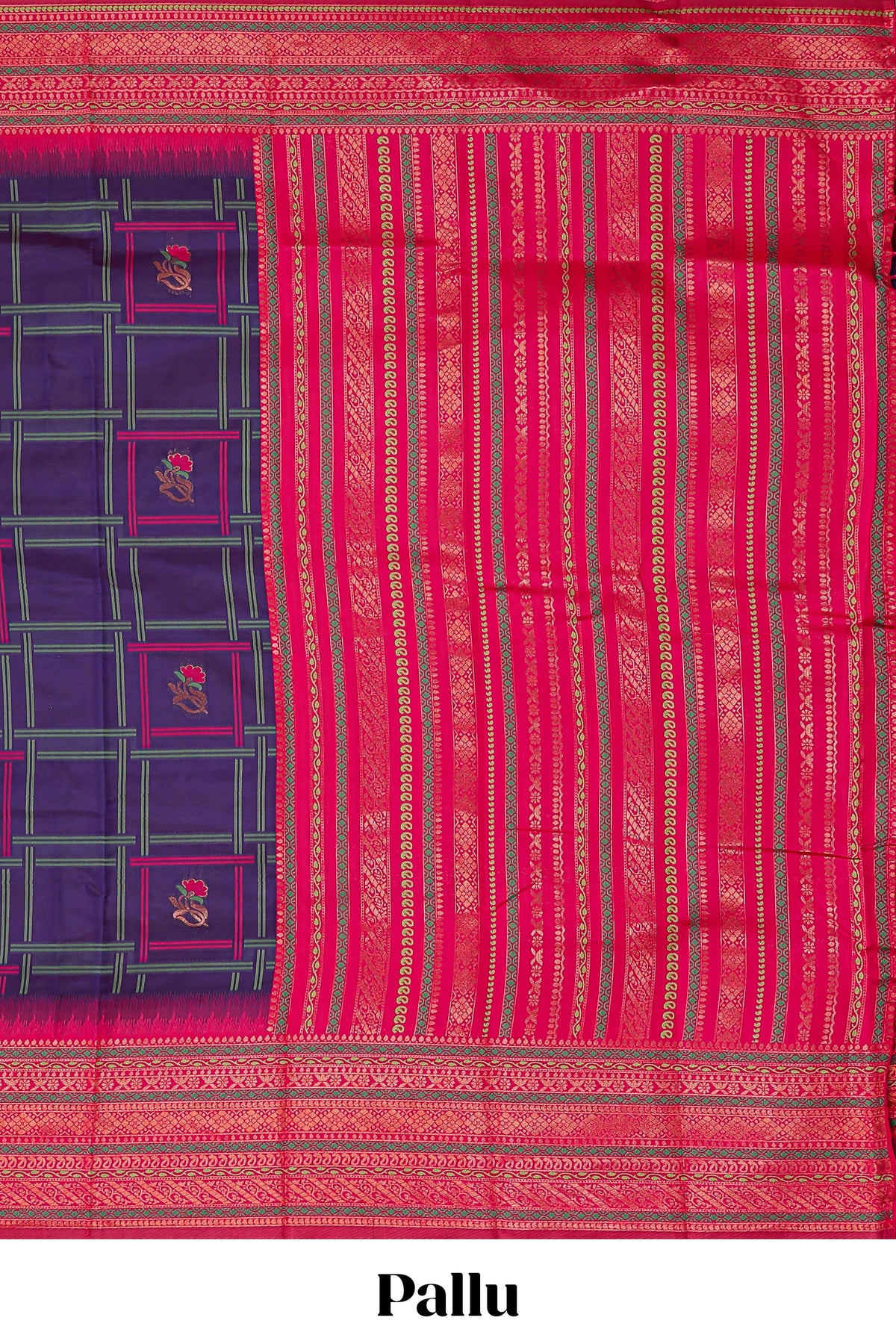 Ink blue checked kathan silk saree with contrast zari border and blouse